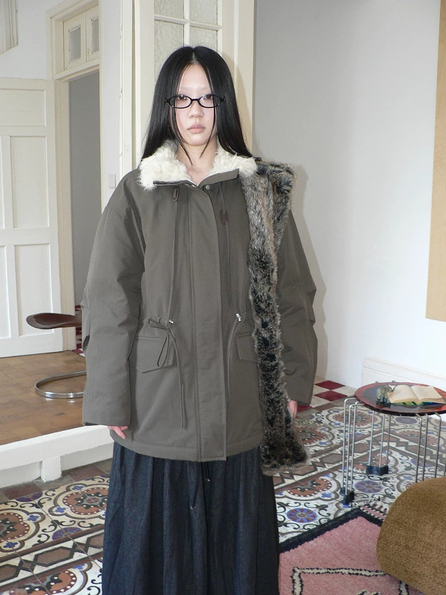 ang project Cozy Fleece Lined Korean Loose Mid Length Zipper Women Cotton Blend Coat