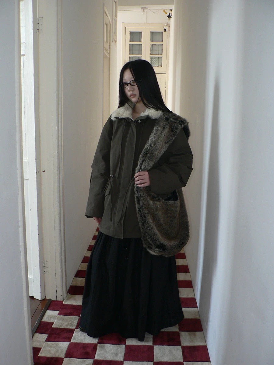 ang project Cozy Fleece Lined Korean Loose Mid Length Zipper Women Cotton Blend Coat