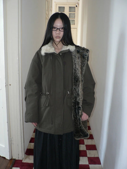 ang project Cozy Fleece Lined Korean Loose Mid Length Zipper Women Cotton Blend Coat