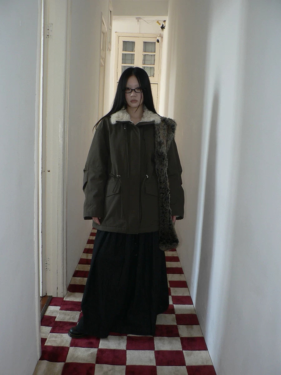 ang project Cozy Fleece Lined Korean Loose Mid Length Zipper Women Cotton Blend Coat