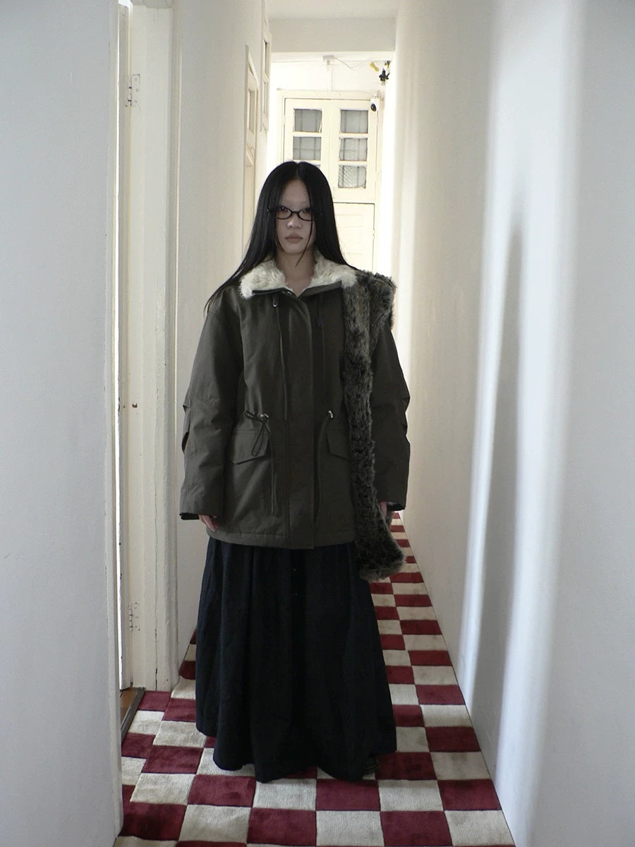 ang project Cozy Fleece Lined Korean Loose Mid Length Zipper Women Cotton Blend Coat