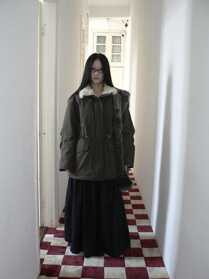 ang project Cozy Fleece Lined Korean Loose Mid Length Zipper Women Cotton Blend Coat