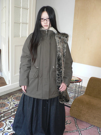 ang project Cozy Fleece Lined Korean Loose Mid Length Zipper Women Cotton Blend Coat