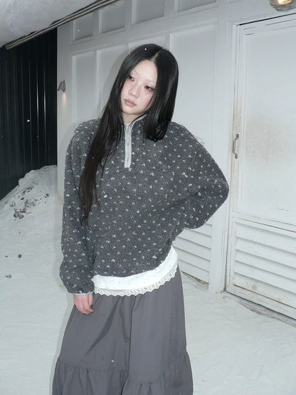 ang project Cozy Floral Zip Stand Collar Oversized Commuter Polyester Long Sleeve Hoodies
