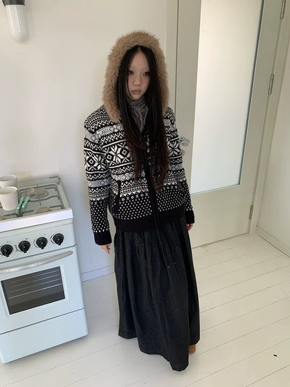 ang project Cozy Fur Trim Commuter Loose Knit Zip Front Women One Size Black Hoodies