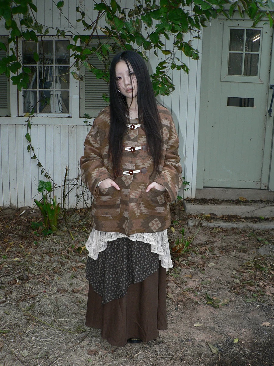 ang project Cozy Oversized Vintage Commuter Round Neck Brown Single Button Puffer Jacket