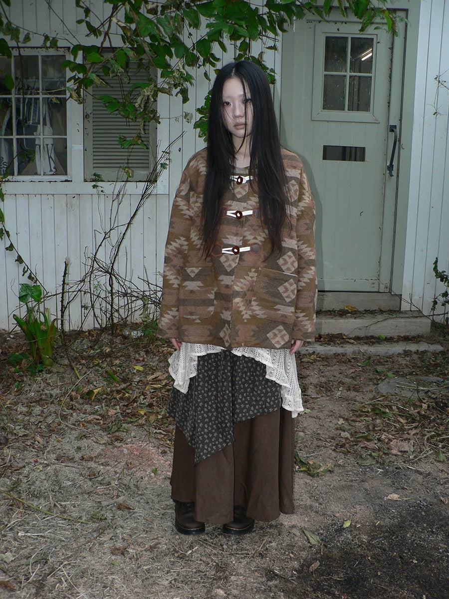 ang project Cozy Oversized Vintage Commuter Round Neck Brown Single Button Puffer Jacket