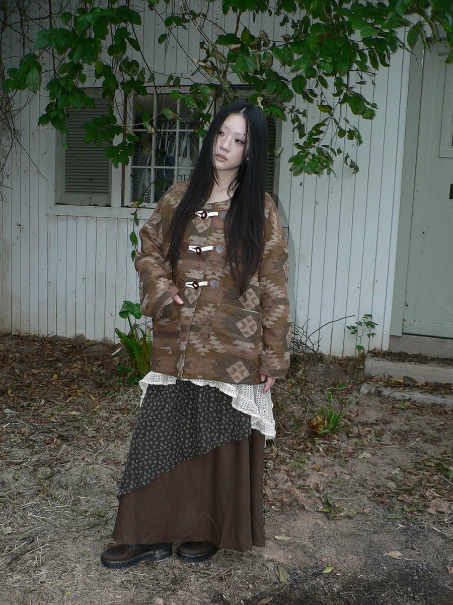 ang project Cozy Oversized Vintage Commuter Round Neck Brown Single Button Puffer Jacket