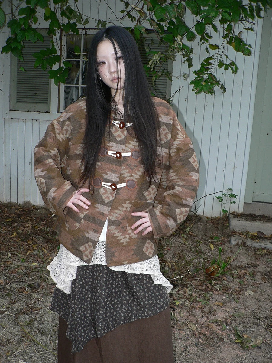 ang project Cozy Oversized Vintage Commuter Round Neck Brown Single Button Puffer Jacket