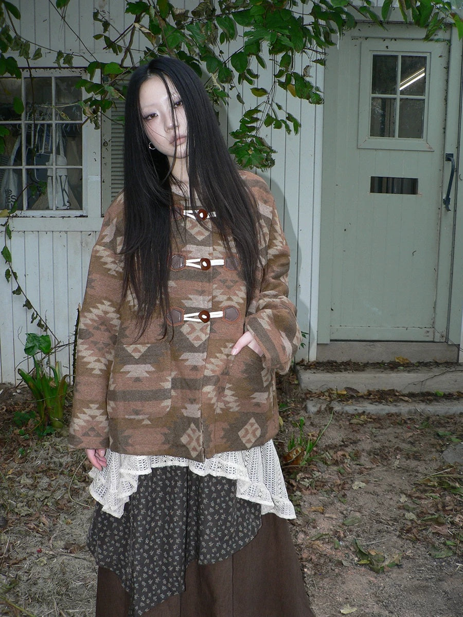 ang project Cozy Oversized Vintage Commuter Round Neck Brown Single Button Puffer Jacket