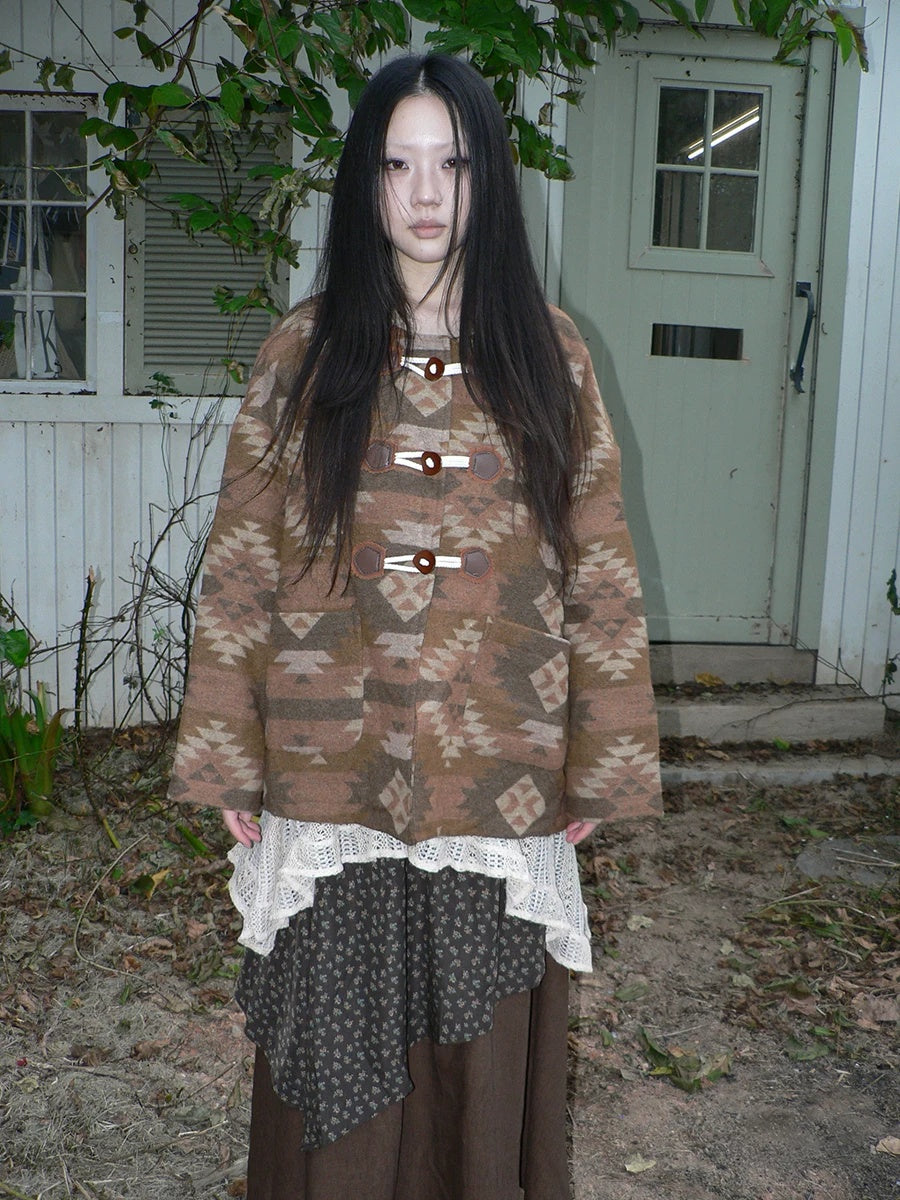 ang project Cozy Oversized Vintage Commuter Round Neck Brown Single Button Puffer Jacket