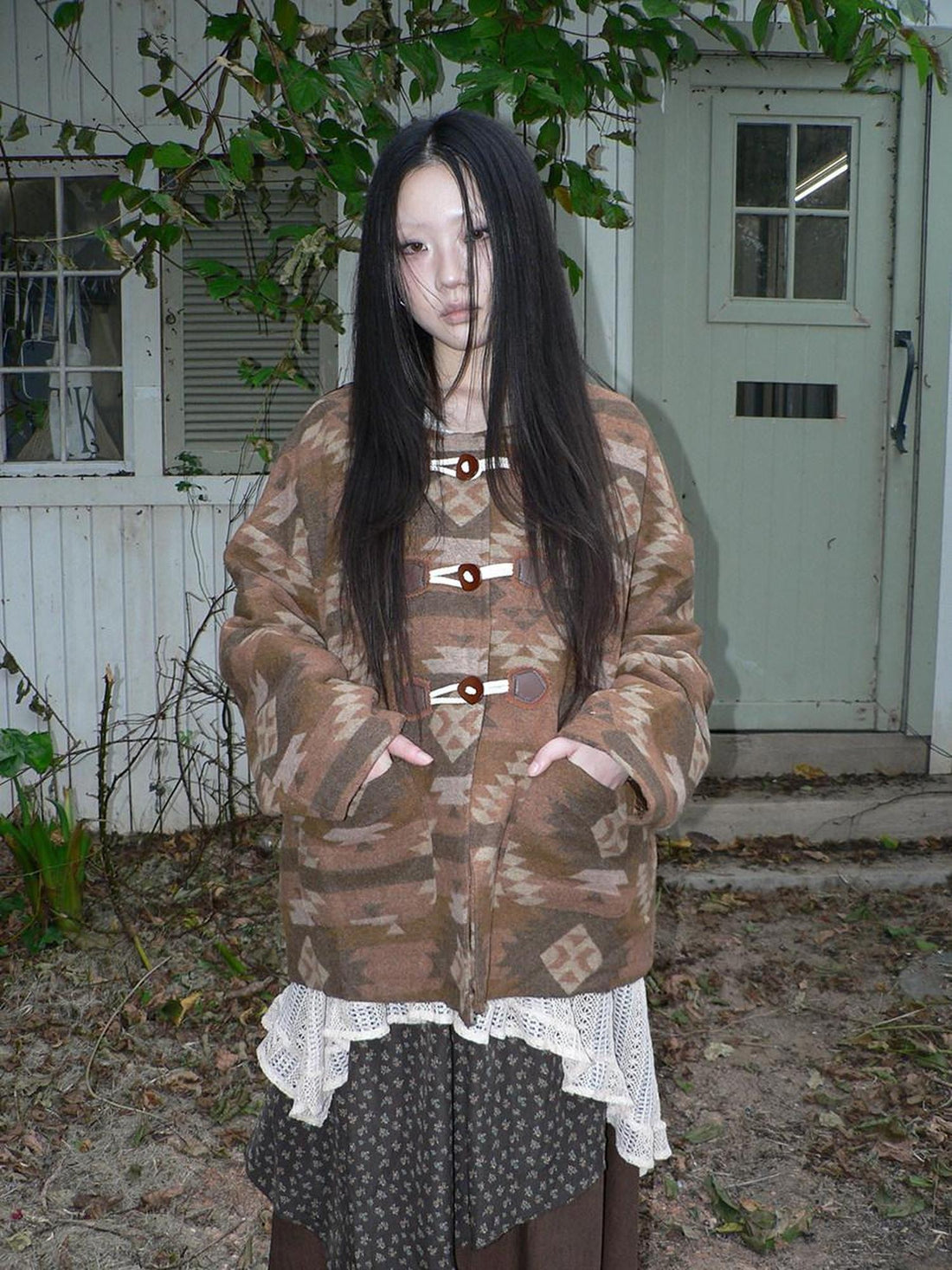 ang project Cozy Oversized Vintage Commuter Round Neck Brown Single Button Puffer Jacket