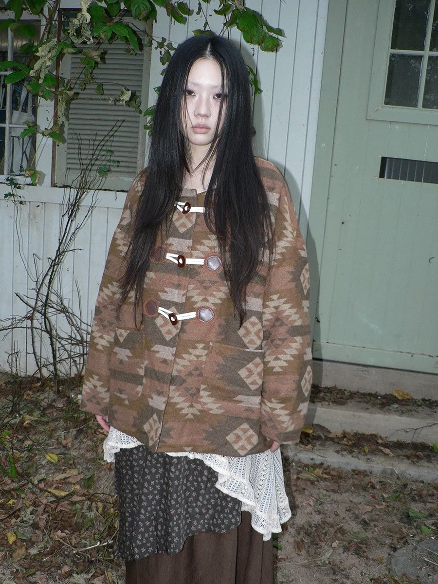 ang project Cozy Oversized Vintage Commuter Round Neck Brown Single Button Puffer Jacket