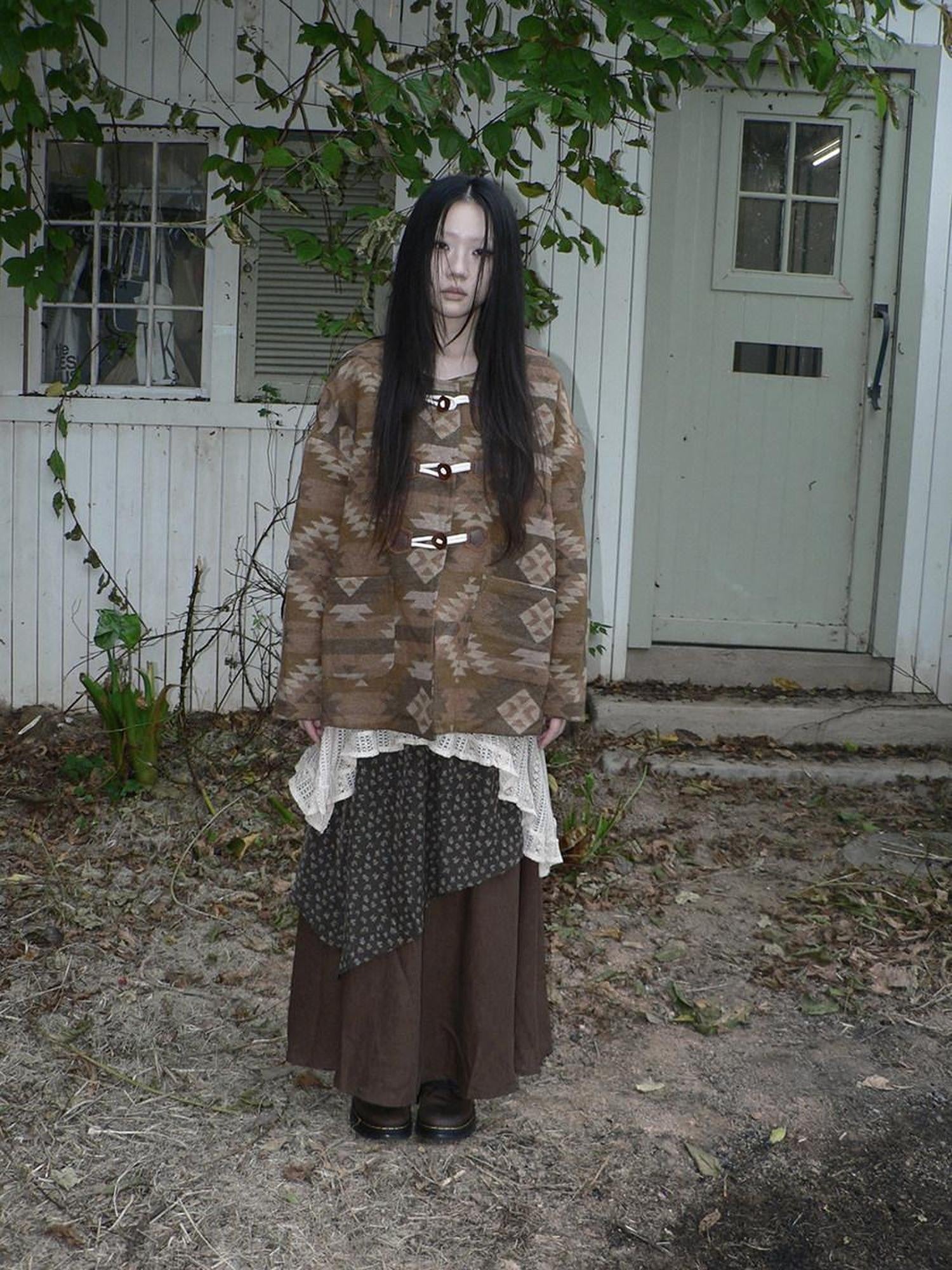 ang project Cozy Oversized Vintage Commuter Round Neck Brown Single Button Puffer Jacket