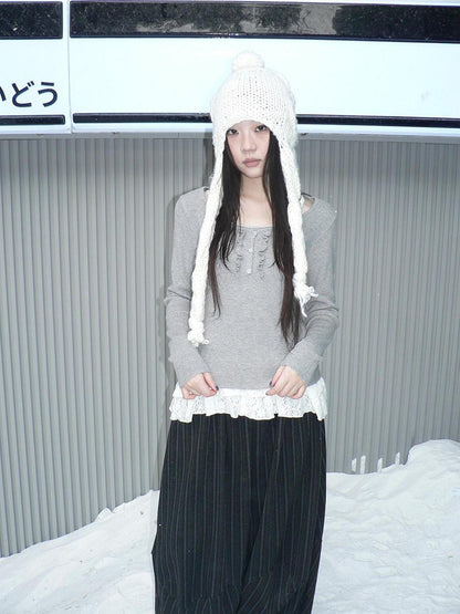 ang project Cream Light Heather Gray Lettuce Edge U Neck Button Slim Fit Women&