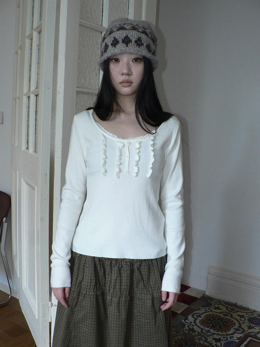 ang project Cream Light Heather Gray Lettuce Edge U Neck Button Slim Fit Women&