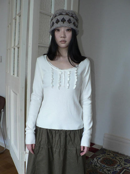 ang project Cream Light Heather Gray Lettuce Edge U Neck Button Slim Fit Women&