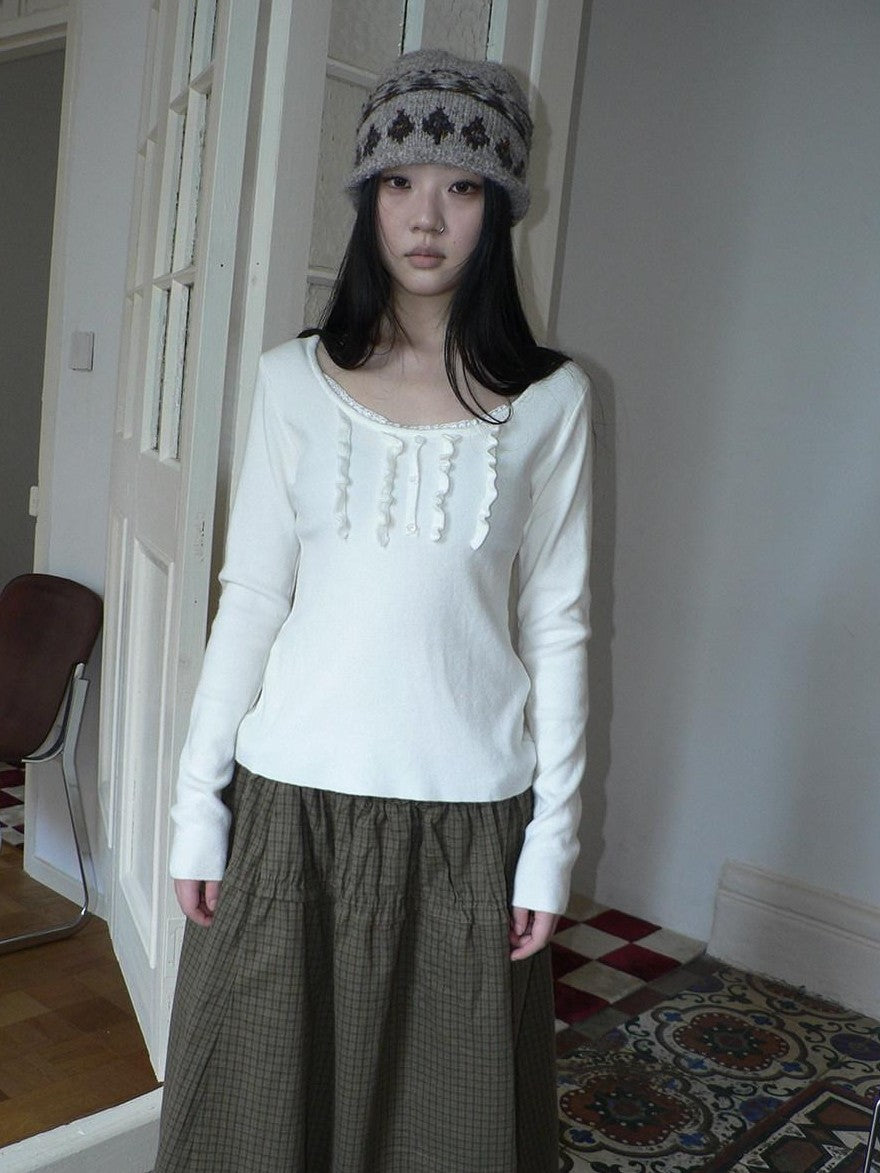 ang project Cream Light Heather Gray Lettuce Edge U Neck Button Slim Fit Women&
