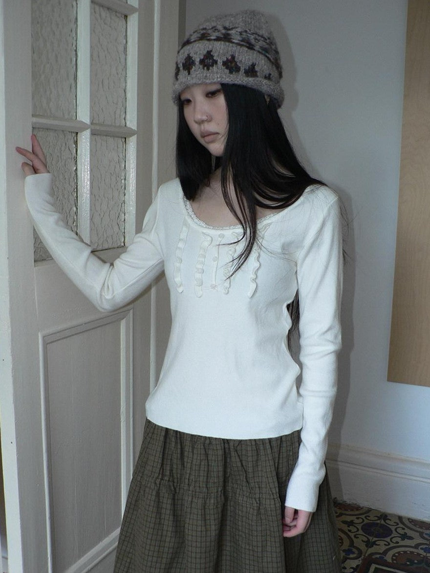 ang project Cream Light Heather Gray Lettuce Edge U Neck Button Slim Fit Women&