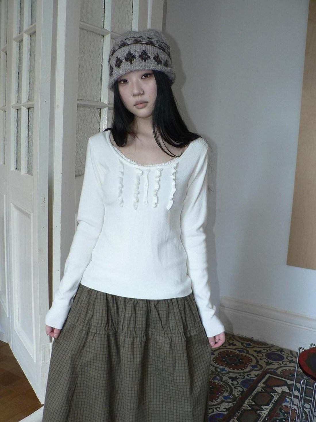 ang project Cream Light Heather Gray Lettuce Edge U Neck Button Slim Fit Women&