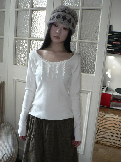 ang project Cream Light Heather Gray Lettuce Edge U Neck Button Slim Fit Women&