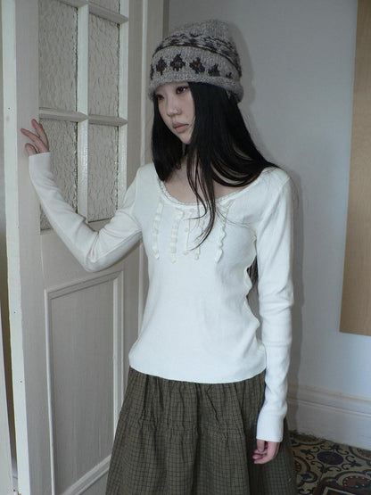 ang project Cream Light Heather Gray Lettuce Edge U Neck Button Slim Fit Women&