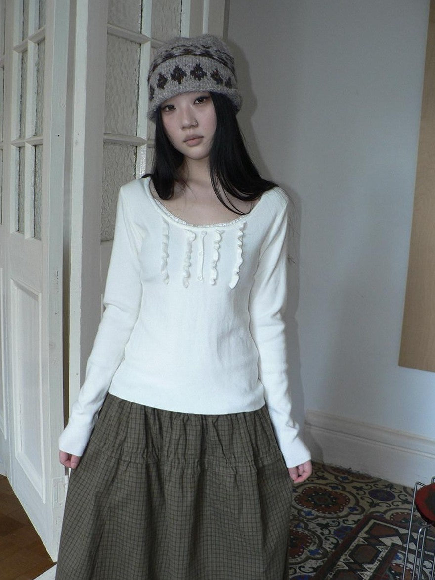 ang project Cream Light Heather Gray Lettuce Edge U Neck Button Slim Fit Women&