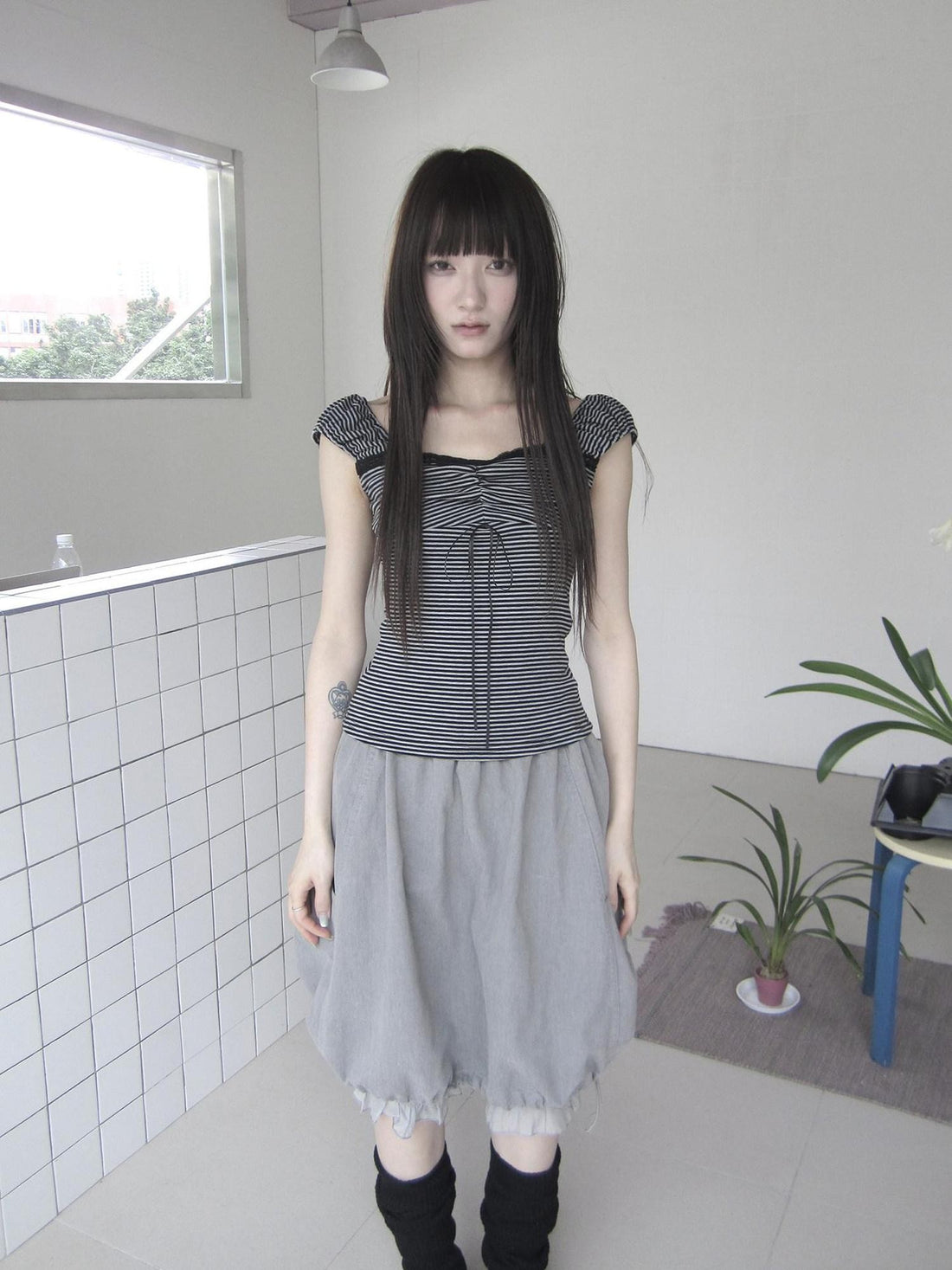 ang project Cropped Striped Lace Spliced Waist Cinch Women&