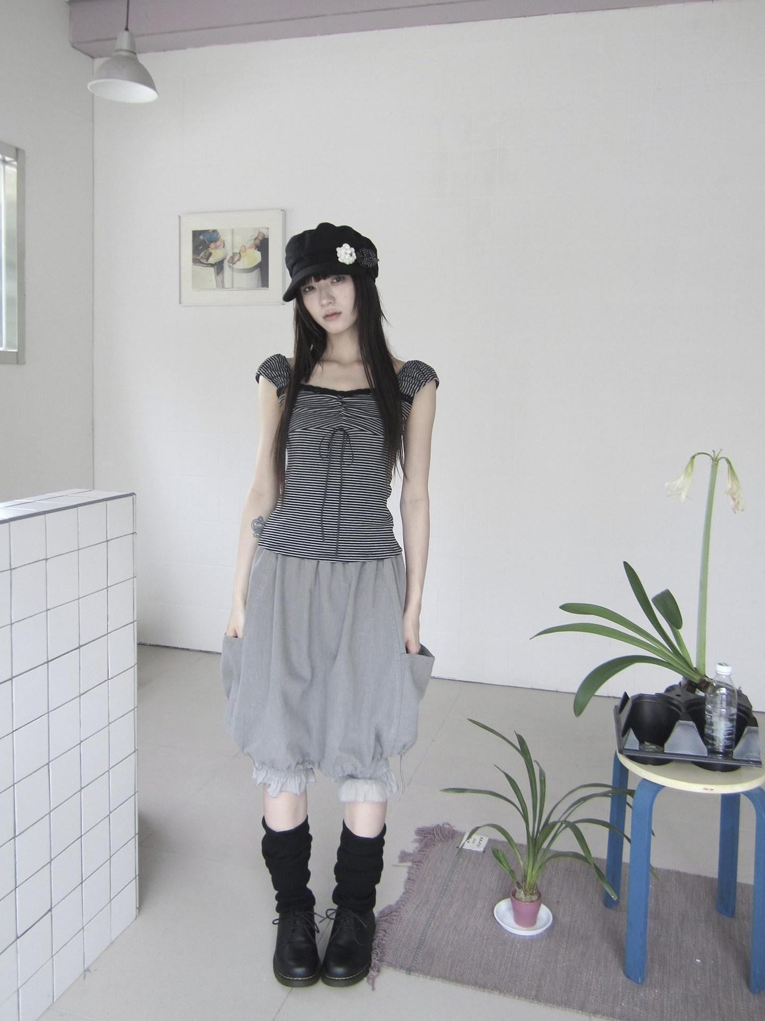 ang project Cropped Striped Lace Spliced Waist Cinch Women&
