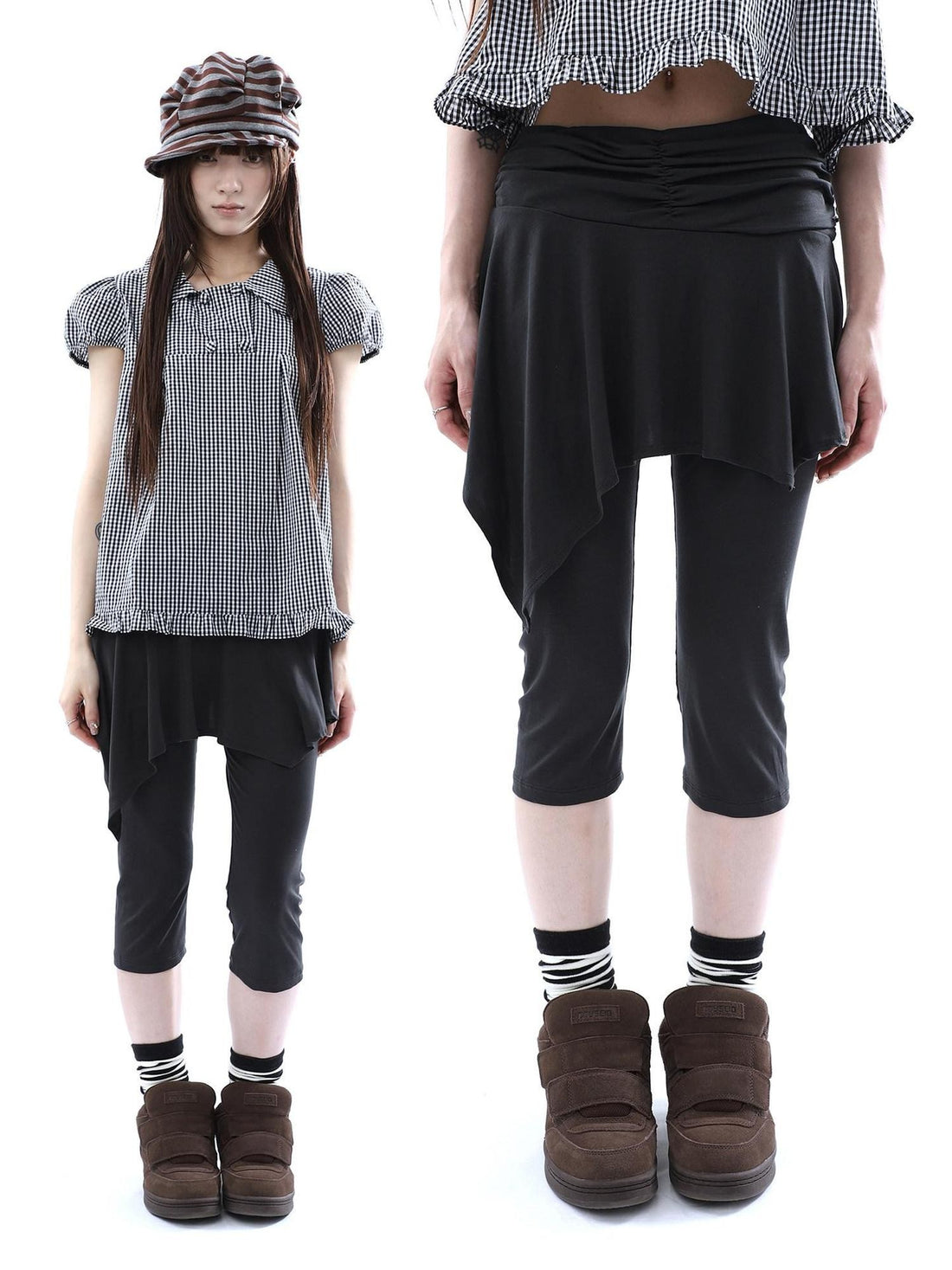 ang project Dark Gray Asymmetric Faux Two Piece Skirt Overlay Women&