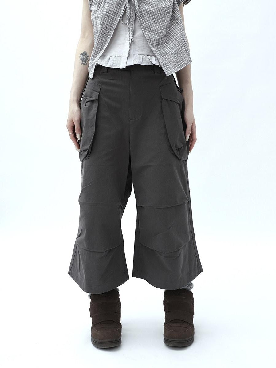 ang project Dark Gray Cropped Pleated Pocket Cargo Women&