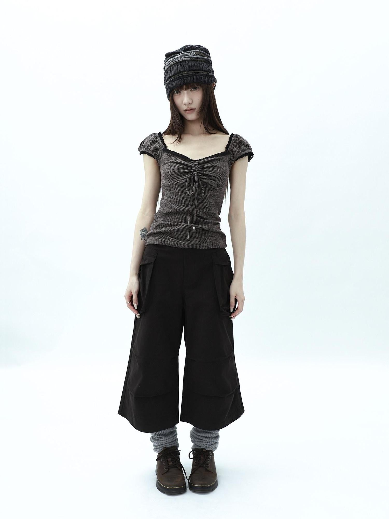 ang project Dark Gray Cropped Pleated Pocket Cargo Women&