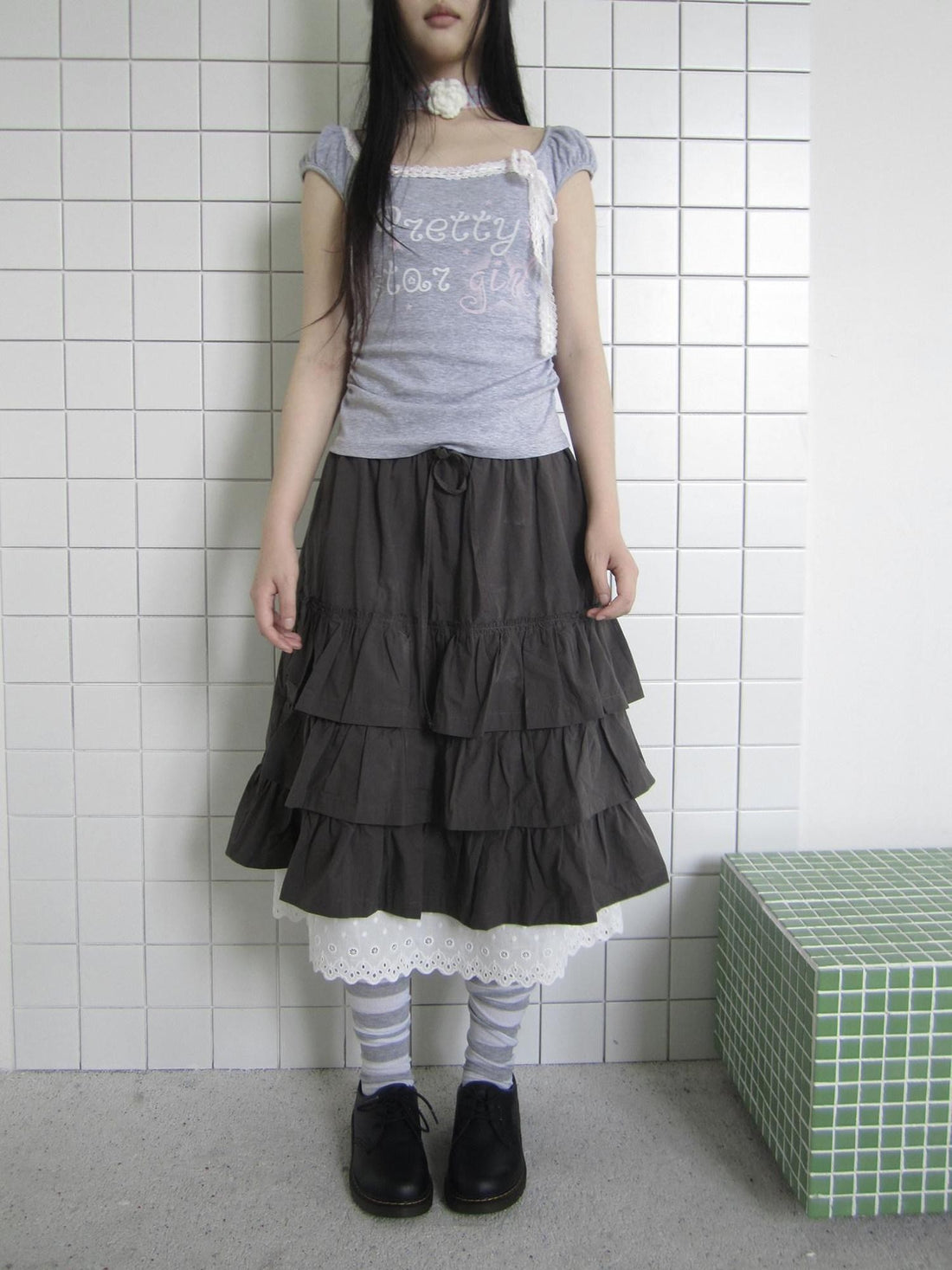 ang project Dark Gray Lace Cutout Patchwork Elastic Waist Women&