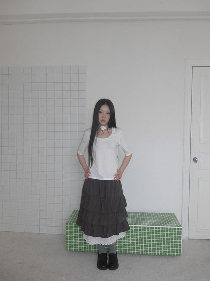 ang project Dark Gray Lace Cutout Patchwork Elastic Waist Women&