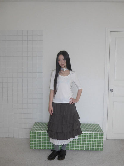 ang project Dark Gray Lace Cutout Patchwork Elastic Waist Women&