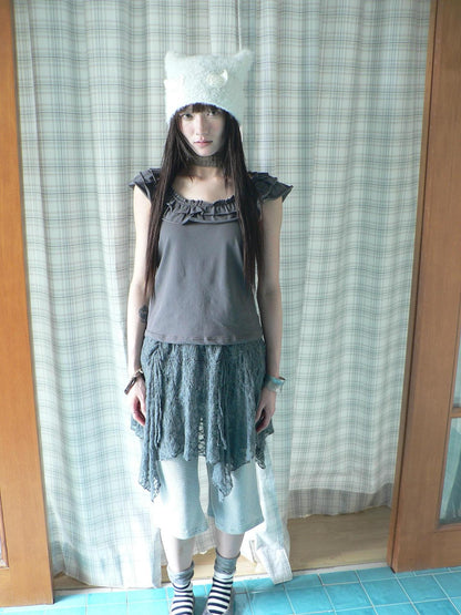ang project Dark Gray Vintage Ruffle U Neck Flutter Sleeves Women&