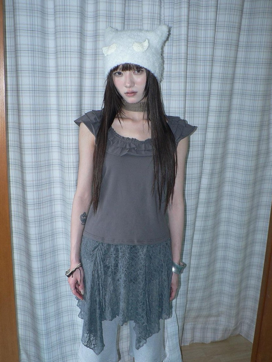 ang project Dark Gray Vintage Ruffle U Neck Flutter Sleeves Women&