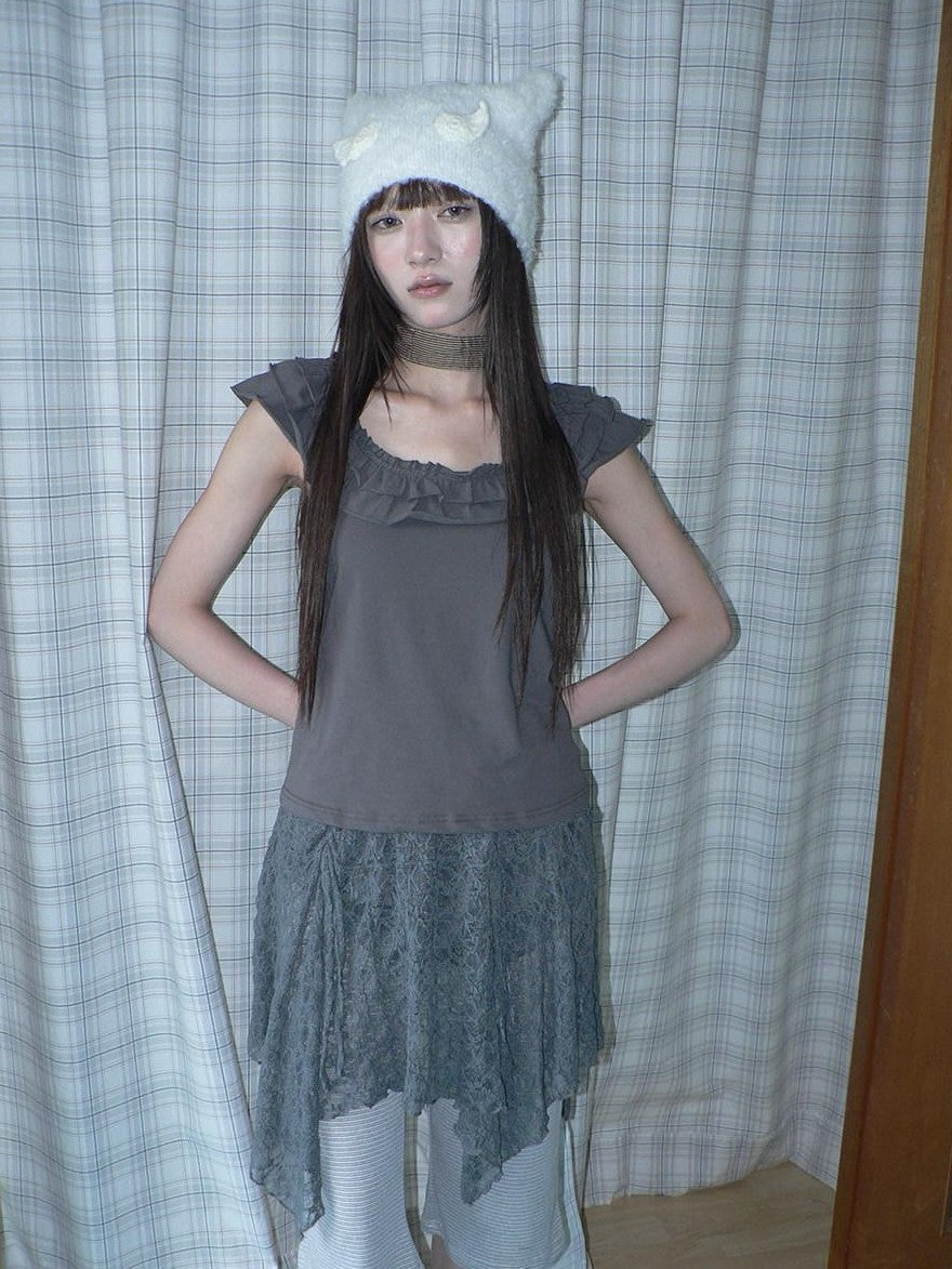 ang project Dark Gray Vintage Ruffle U Neck Flutter Sleeves Women&