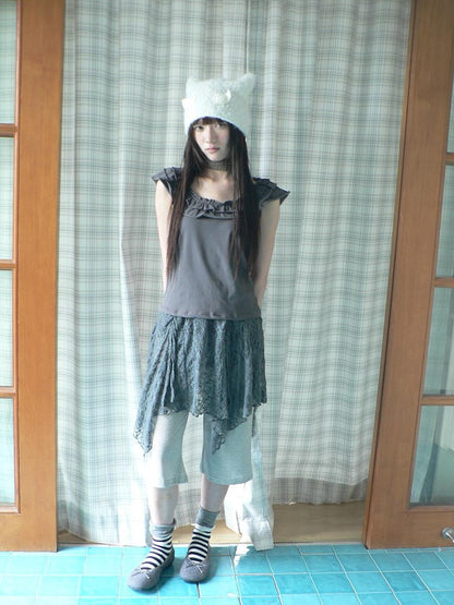 ang project Dark Gray Vintage Ruffle U Neck Flutter Sleeves Women&