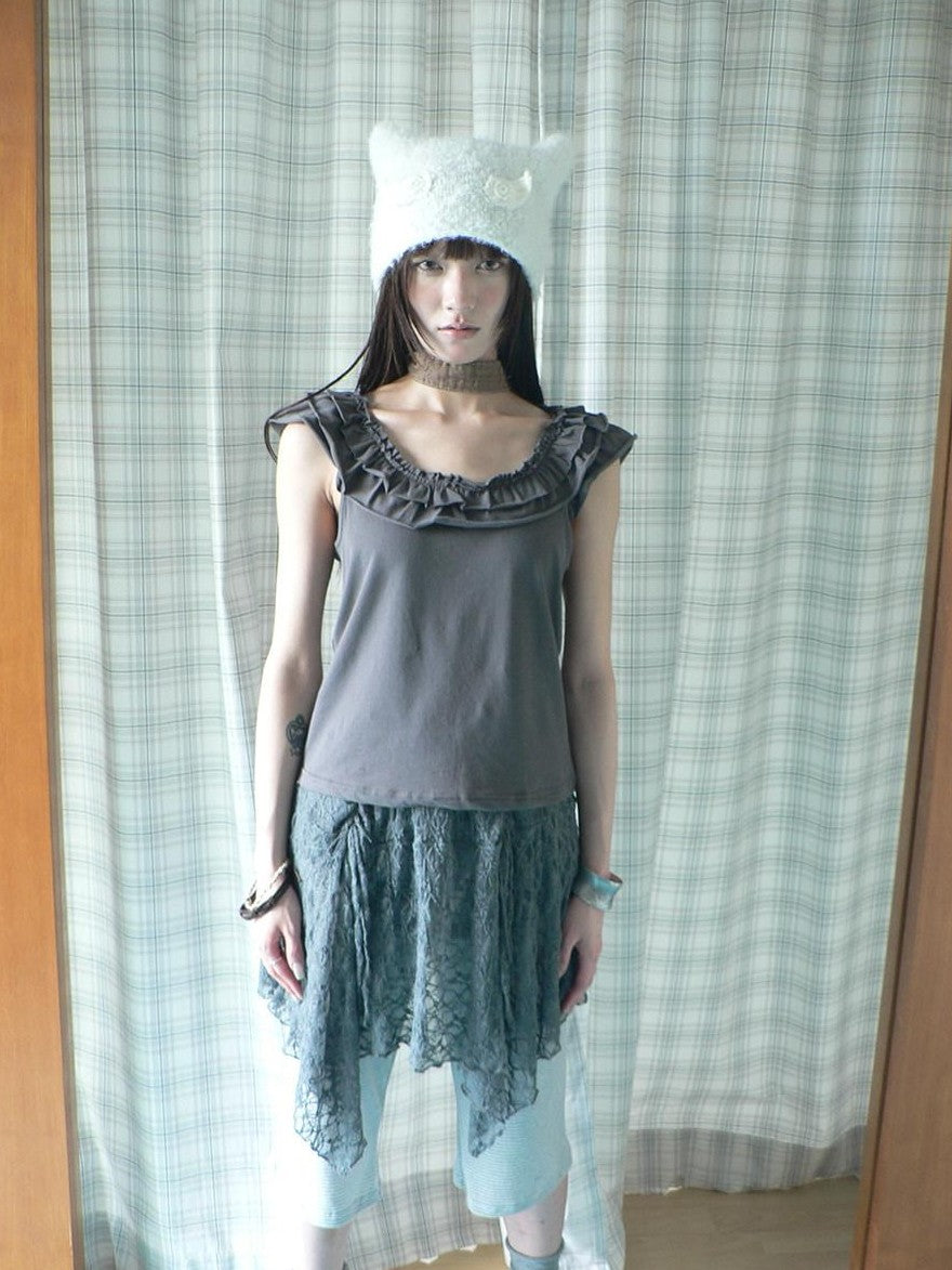 ang project Dark Gray Vintage Ruffle U Neck Flutter Sleeves Women&