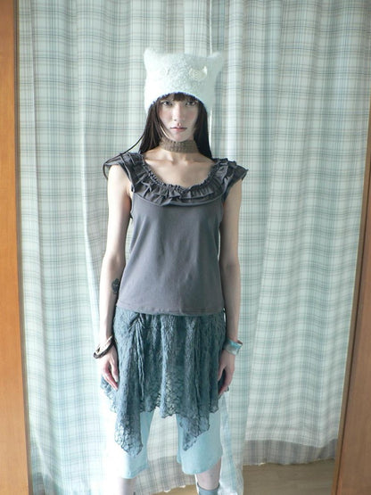 ang project Dark Gray Vintage Ruffle U Neck Flutter Sleeves Women&