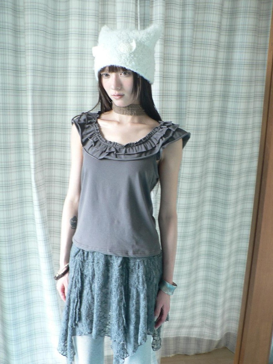 ang project Dark Gray Vintage Ruffle U Neck Flutter Sleeves Women&