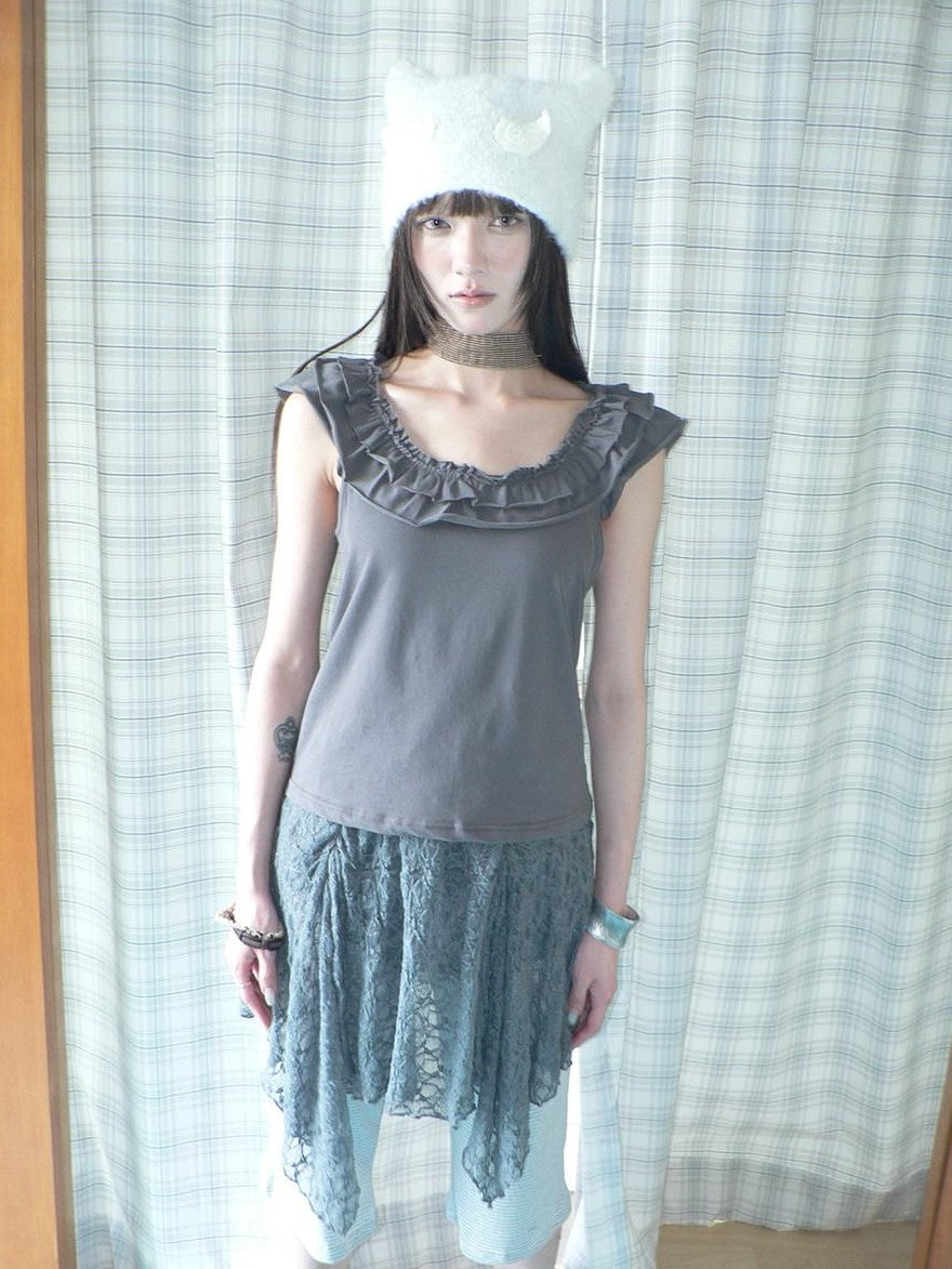 ang project Dark Gray Vintage Ruffle U Neck Flutter Sleeves Women&