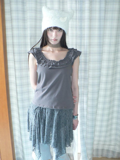 ang project Dark Gray Vintage Ruffle U Neck Flutter Sleeves Women&