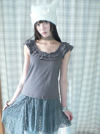 ang project Dark Gray Vintage Ruffle U Neck Flutter Sleeves Women&