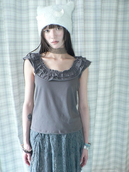 ang project Dark Gray Vintage Ruffle U Neck Flutter Sleeves Women&