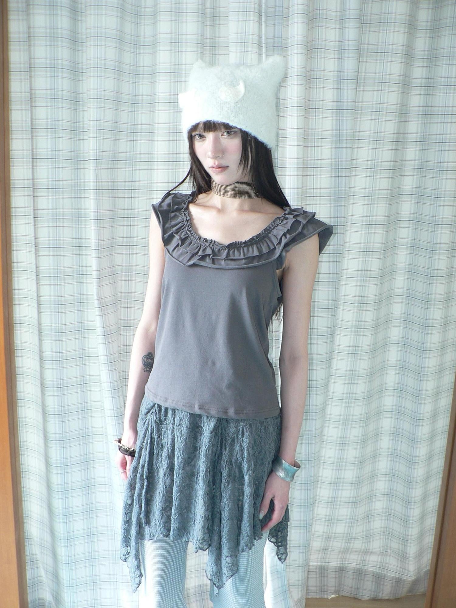 ang project Dark Gray Vintage Ruffle U Neck Flutter Sleeves Women&