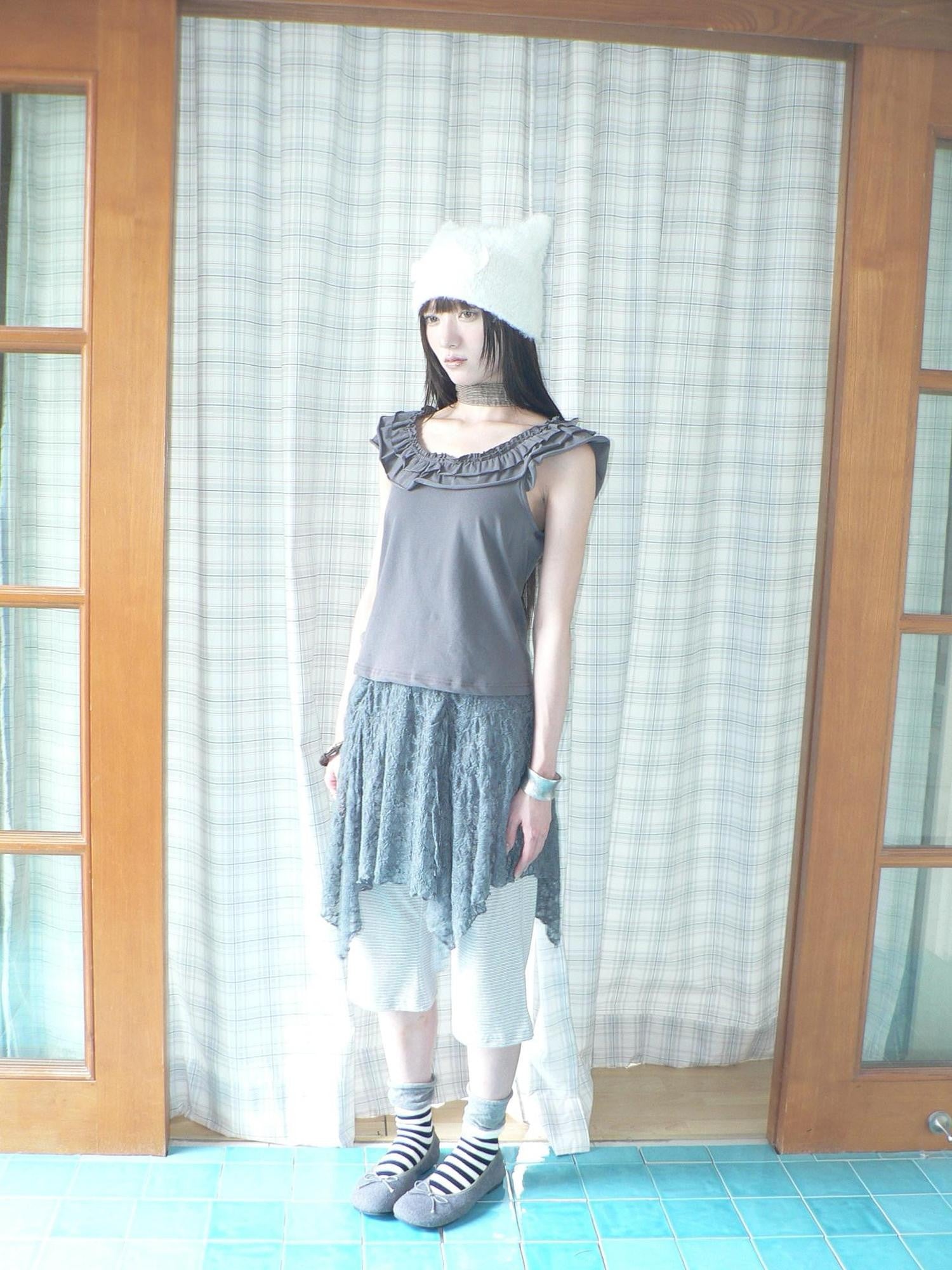 ang project Dark Gray Vintage Ruffle U Neck Flutter Sleeves Women&