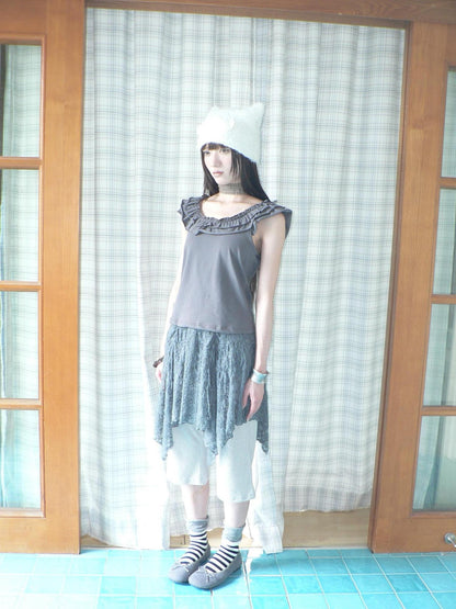 ang project Dark Gray Vintage Ruffle U Neck Flutter Sleeves Women&