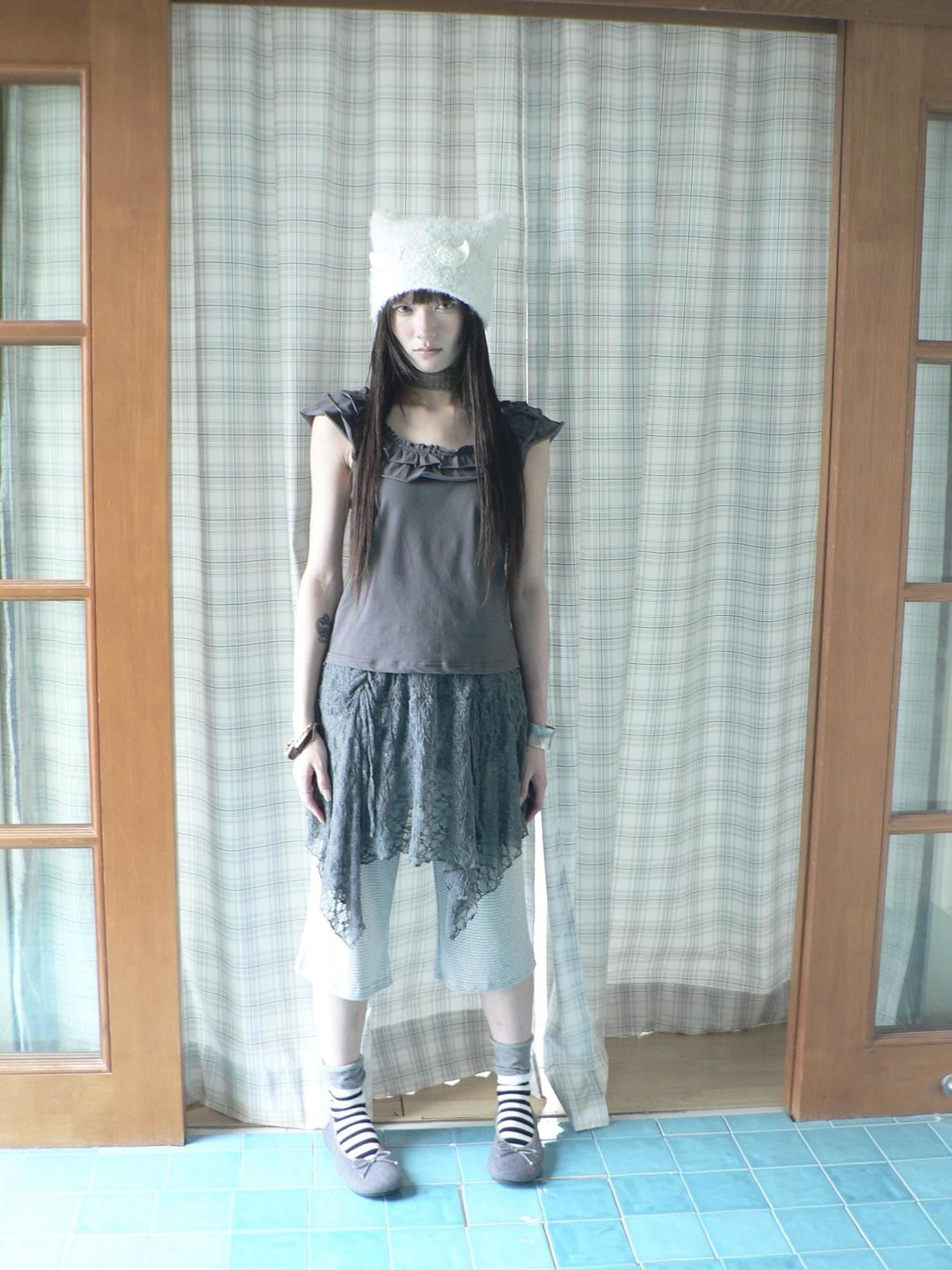 ang project Dark Gray Vintage Ruffle U Neck Flutter Sleeves Women&